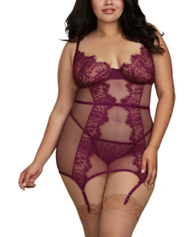 Dreamgirl Plus Size Fishnet And Eyelash Lace Garter 2pc Lingerie Set In Mulberry