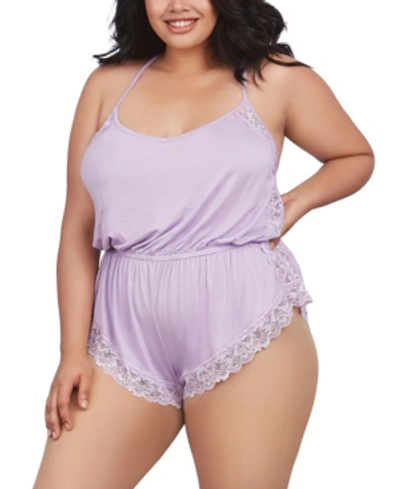 Dreamgirl Women's Plus Size Soft Knit Jersey Sleepwear Romper With Scalloped Lace Trim Details In Lavender