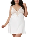 DREAMGIRL WOMEN'S PLUS SIZE SILKY SATIN CHEMISE LINGERIE WITH EYELASH LACE EDGE DETAILS