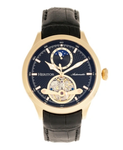 HERITOR AUTOMATIC GREGORY GOLD CASE, GENUINE BLACK LEATHER WATCH 45MM