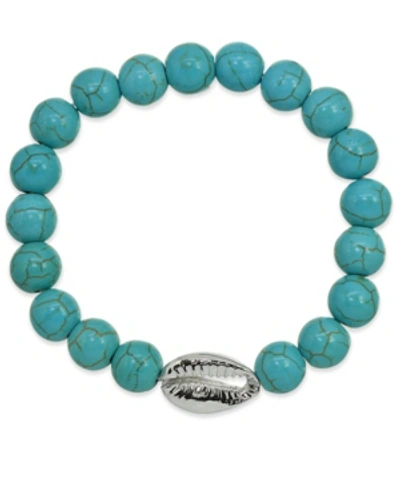Macy's Genuine Stone Bead Puka Cowrie Shell Stretch Bracelet In Silver Plate Or Gold Plate In Howlite Chrysocolla,silver