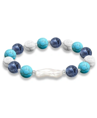 Macy's Genuine Stone Bead Biwa Pearl Stretch Bracelet In Blue Multi