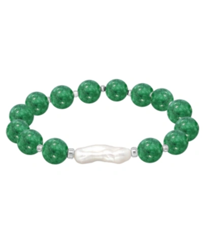 Macy's Genuine Stone Bead Biwa Pearl Stretch Bracelet In Green Howlite
