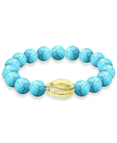 Macy's Genuine Stone Bead Puka Cowrie Shell Stretch Bracelet In Silver Plate Or Gold Plate In Howlite Chryscolla,gold