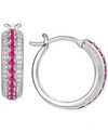 Macy's Sapphire (5/8 Ct. T.w.) & Diamond (1/4 Ct. T.w.) Small Hoop Earrings In Sterling Silver, 0.67" In Ruby