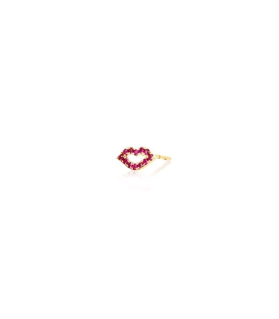 Ef Collection Single Ruby Kiss Stud Earring In Yellow Gold In Red