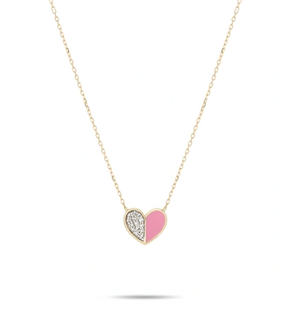 Adina Reyter Pink Ceramic Pave Folded Heart Necklace In Yellow Gold