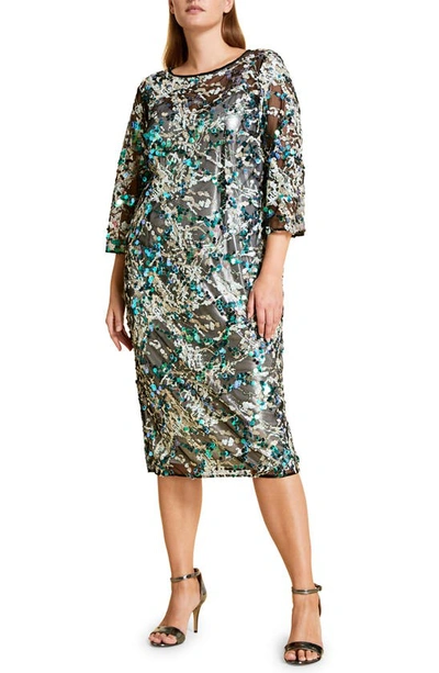 Marina Rinaldi Embroidered Sequin Shift Midi Dress In Emerald | ModeSens