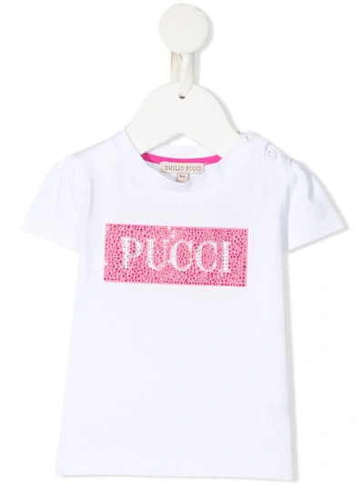 Emilio Pucci Junior Babies' Crystal-embellished Logo T-shirt In 白色