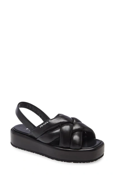 Prada Woven Leather Slingback Flatform Sandals In Black