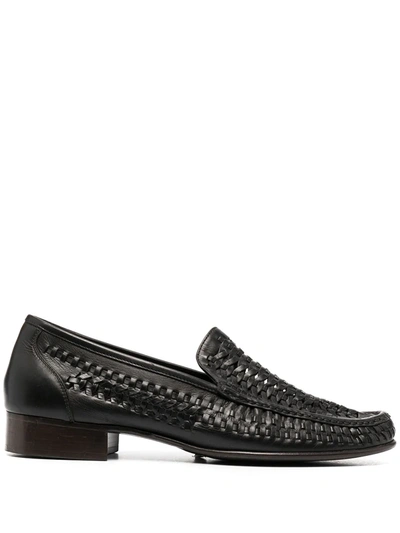 Saint Laurent Swann Woven Leather Loafers In Black