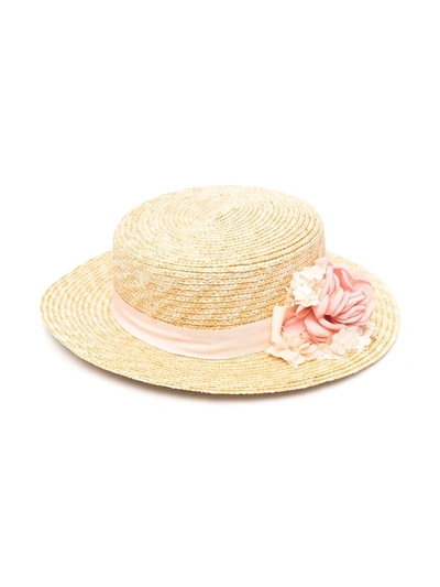 Abel & Lula Kids' 3d Floral Ribbon Straw Hat In Neutrals