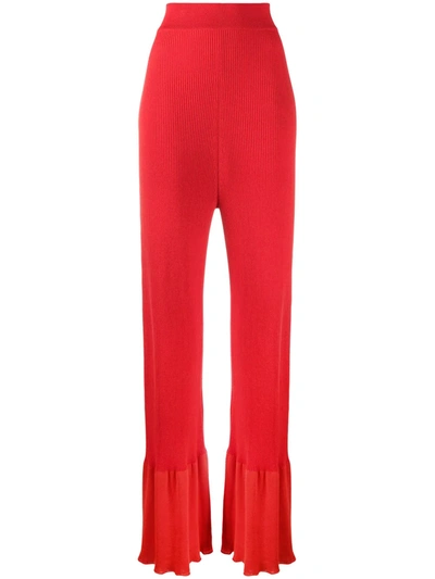 Stella Mccartney Fluted Ribbed Organic Cotton-blend Flared Trousers In Red