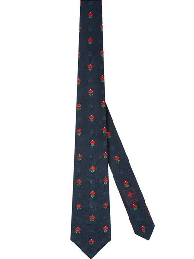 Gucci Double G Flowers Embroidered Tie In Blue