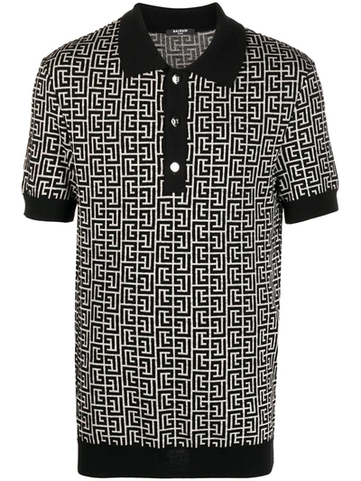 Balmain Monogram-jacquard Merino-blend Polo Shirt In Black