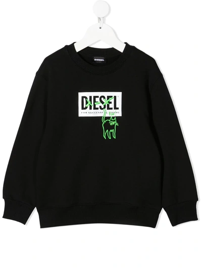 Diesel Kids' Cat-embroidered Logo Print Sweatshirt In Black
