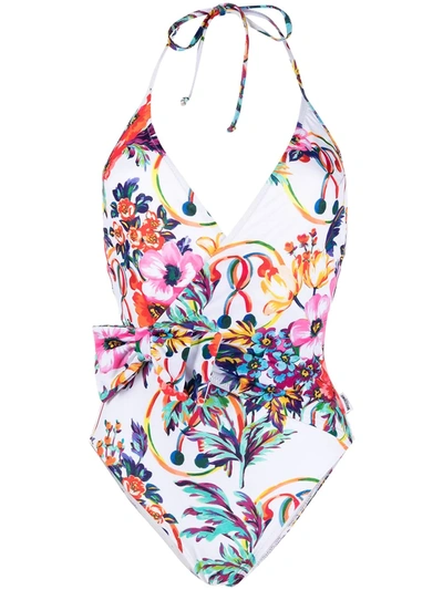 Moschino Floral Print Wrap-detail Swimsuit In White
