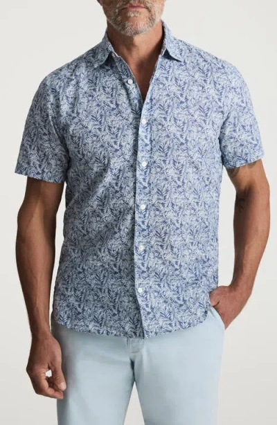 34 Heritage Palm Print Short Sleeve Cotton & Linen Button-up Shirt In Blue