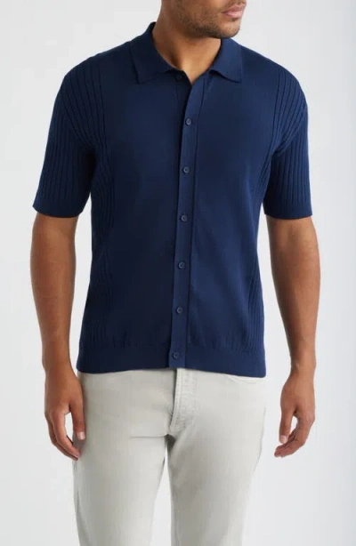 34 Heritage Short Sleeve Button-up Cotton & Silk Sweater In Blue