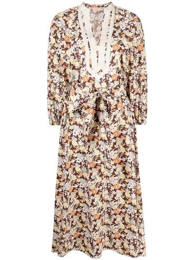 Tory Burch Grosgrain-trimmed Floral-print Cotton Midi Dress In Brown