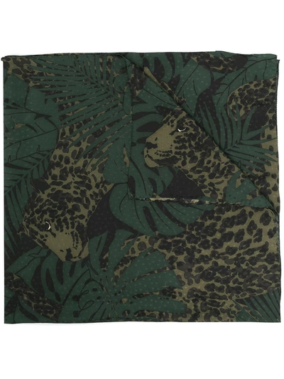 Saint Laurent Botanical Leopard Print Scarf In Green