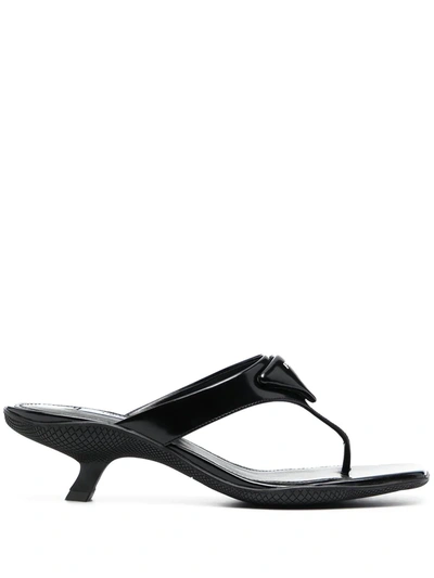 Prada Logo Plaque Sandals In Black