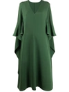 Valentino V-neck Cape-sleeve Silk Cady Couture Midi Dress In Green