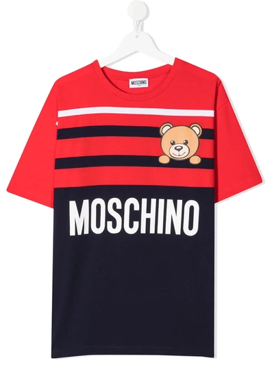 Moschino Teen Striped Logo-print T-shirt In Blue