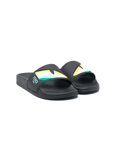 Fendi Teen Eye Slide Sandals In Black