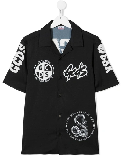 Gcds Kids' Logo印花短袖衬衫 In Black