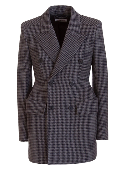 Balenciaga Hourglass Double-breasted Prince Of Wales Checked Wool Coat In Grau