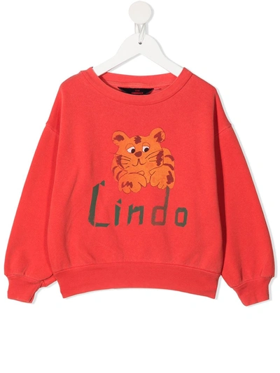 The Animals Observatory Kids' Tiger-print Cotton Jumper In Red