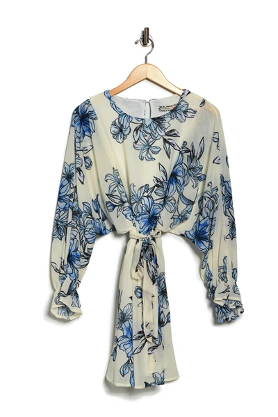 A.calin Print Long Sleeve Mini Dress In Ivory Blue