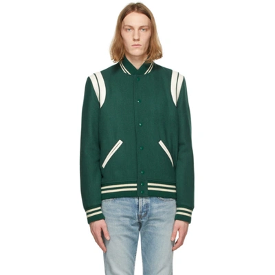 Saint Laurent Green Wool Teddy Bomber Jacket In Green,white