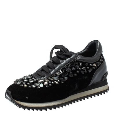 Pre-owned Le Silla Black Velvet And Leather Crystal Embellished Low Top Sneakers Size 36.5