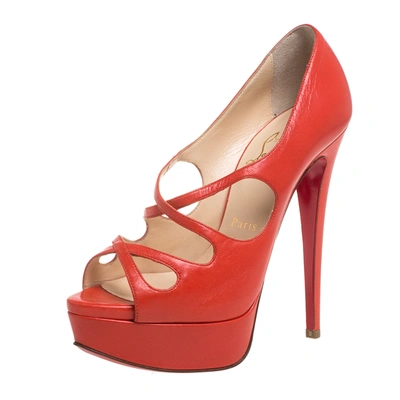 Pre-owned Christian Louboutin Orange Leather Mademoi Criss Cross Peep Toe Pumps Size 36.5