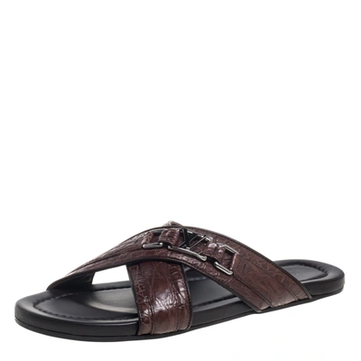 Pre-owned Louis Vuitton Brown Croc Leather Criss Cross Slide Sandals Size 43.5