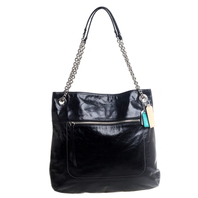 Pre-owned Coach Black Crackled Leather Chain Tote