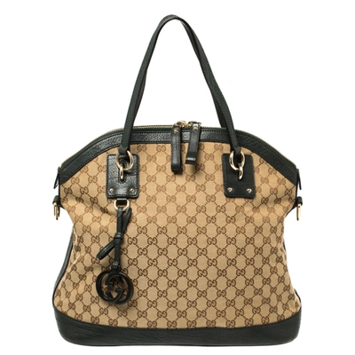 Pre-owned Gucci Beige/deep Green Gg Canvas And Leather Large Charm Dome Satchel