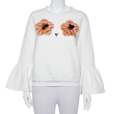 Pre-owned Fendi Cream Knit Pom - Pom Applique Flared Sleeve Jumper M