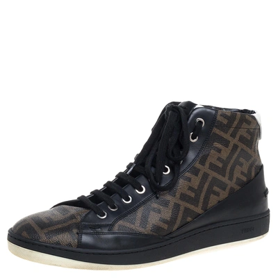 Pre-owned Fendi Brown/black Zucca Coated Canvas And Leather Wimbledon High Top Sneakers Size 43