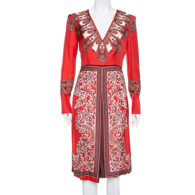 Pre-owned Alexander Mcqueen Red Paisley Printed Silk Plunge Neck Midi Dress S