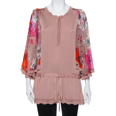 Pre-owned Roberto Cavalli Blush Pink Wool Floral Print Sleeve Detail Drop Waist Tunic S