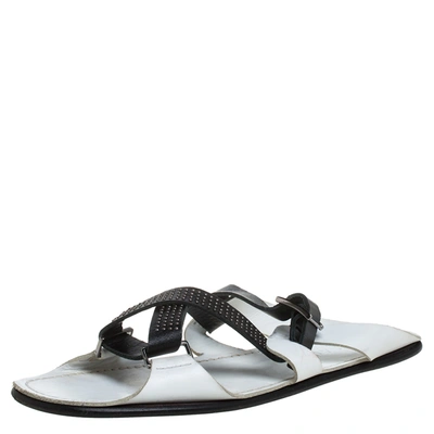 Pre-owned Versace White Leather Crossover Slide Sandals Size 43