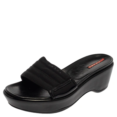 Pre-owned Prada Black Canvas And Patent Leather Wedge Slide Sandals Size 38