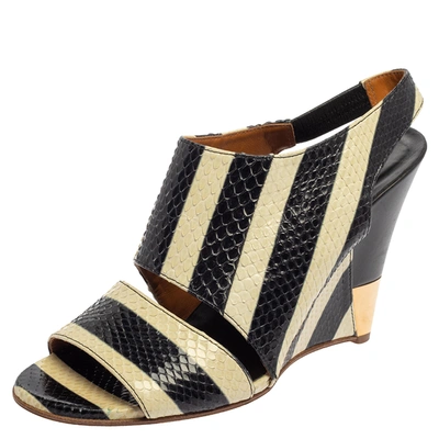 Pre-owned Chloé Cream/black Striped Python Ayers Wedge Slingback Sandals Size 39