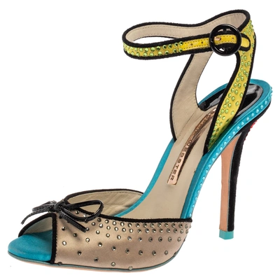 Pre-owned Sophia Webster Multicolor Satin Crystal Embellished Bow Peep Toe Sandals Size 37
