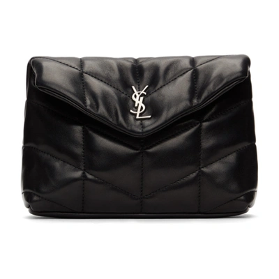 Saint Laurent Black Logo Plaque Quilted Clutch In Nero