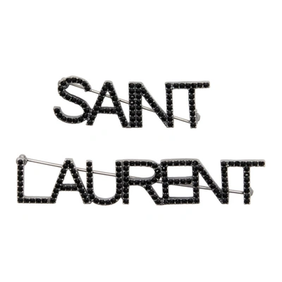 Saint Laurent Crystal Logo Text Brooches, Set Of 2, Black In Schwarz