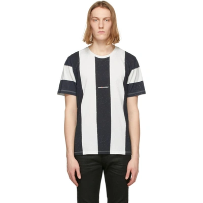 Saint Laurent White & Black Striped Rive Gauche Logo T-shirt